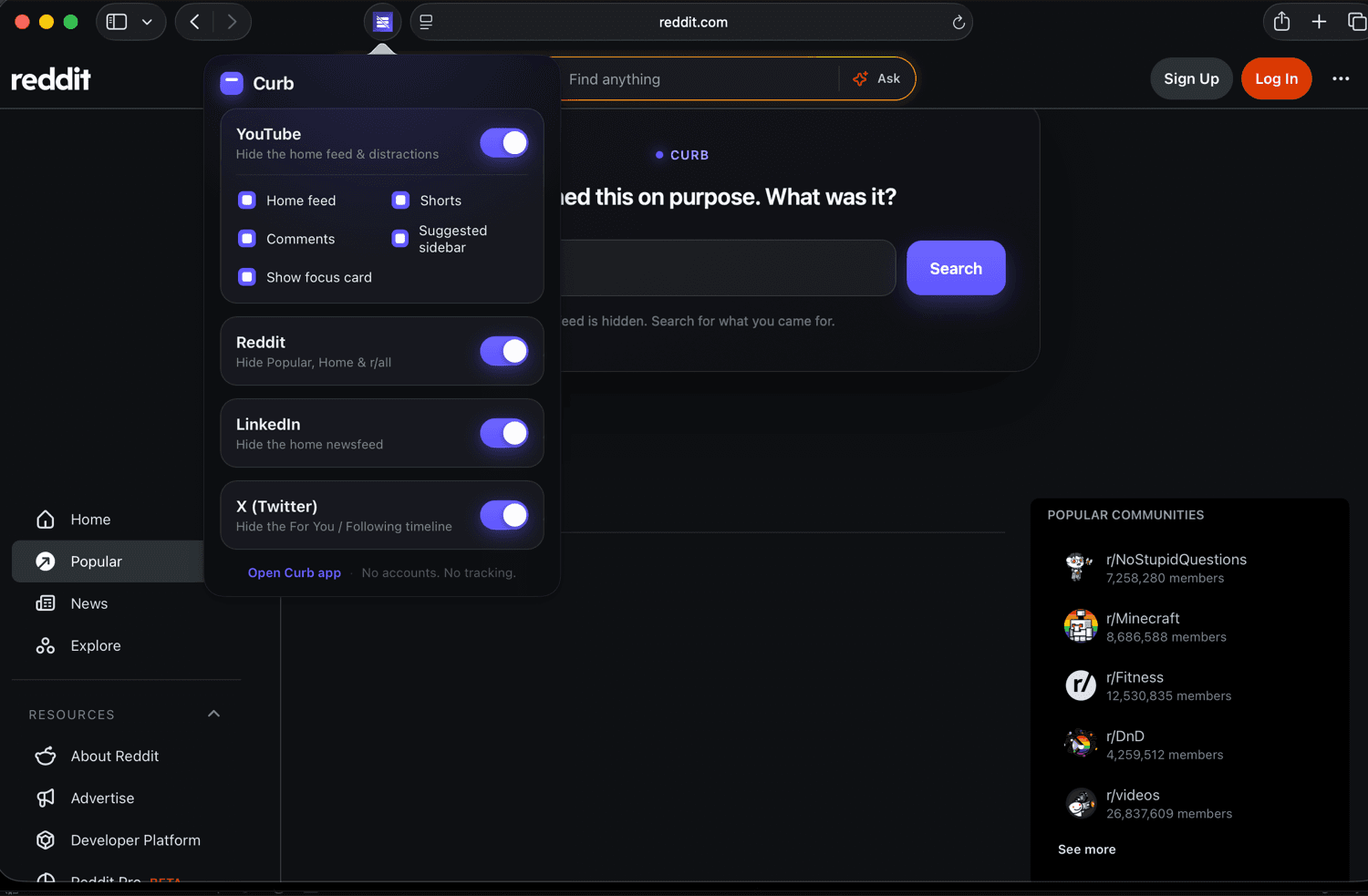 Reddit home feed hidden with Curb on