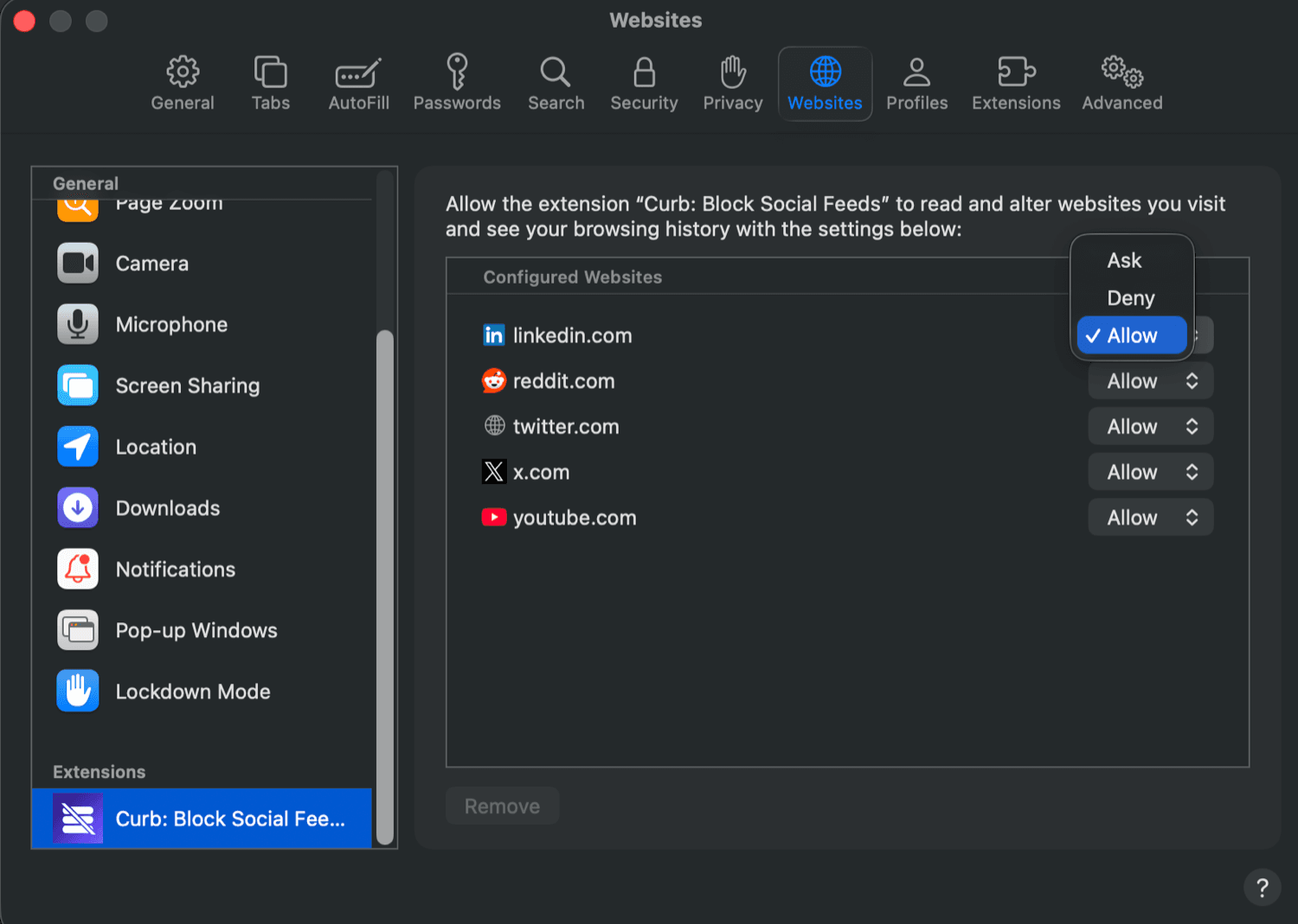 Website permissions set to Allow