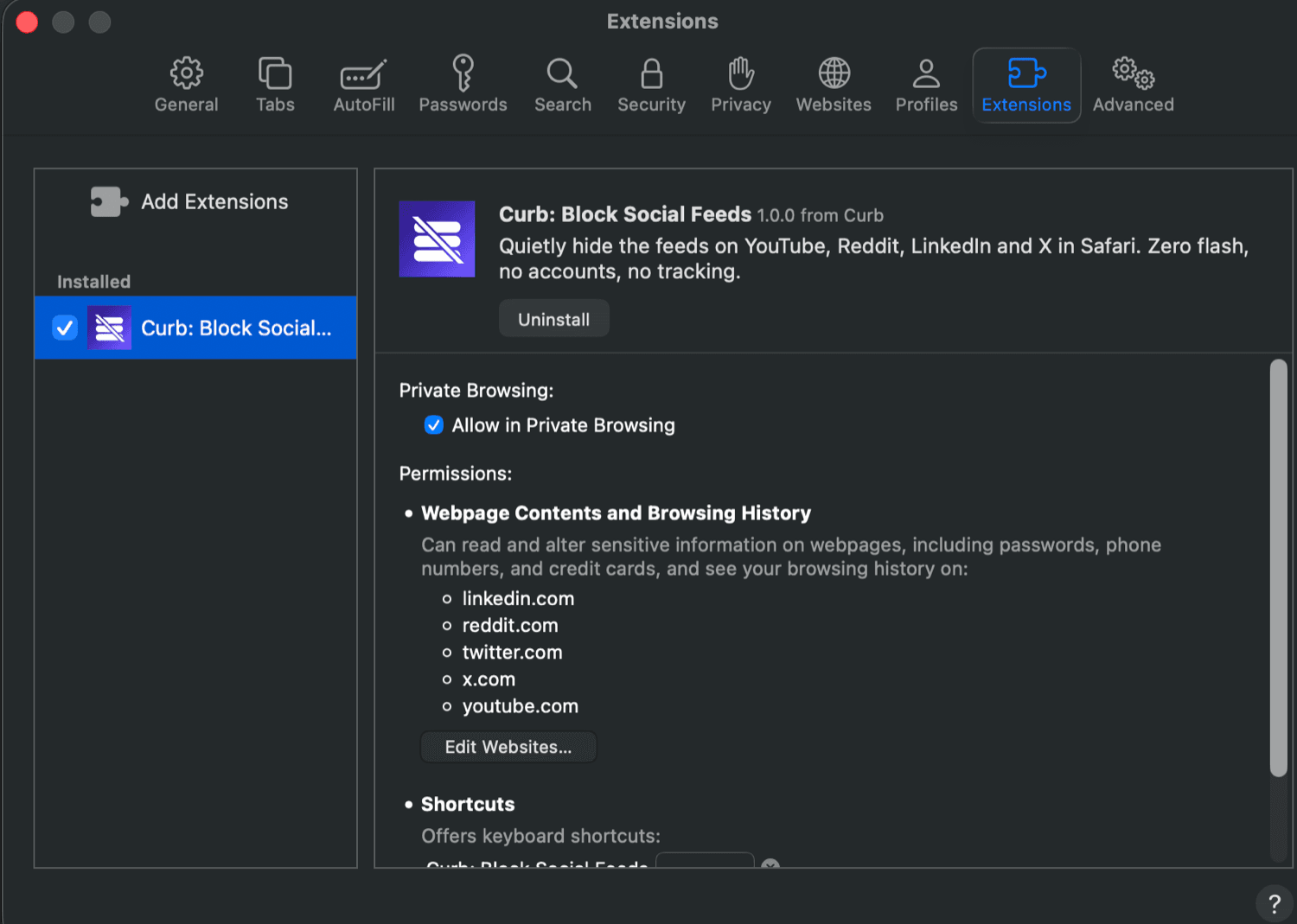 Curb enabled in Safari Extensions