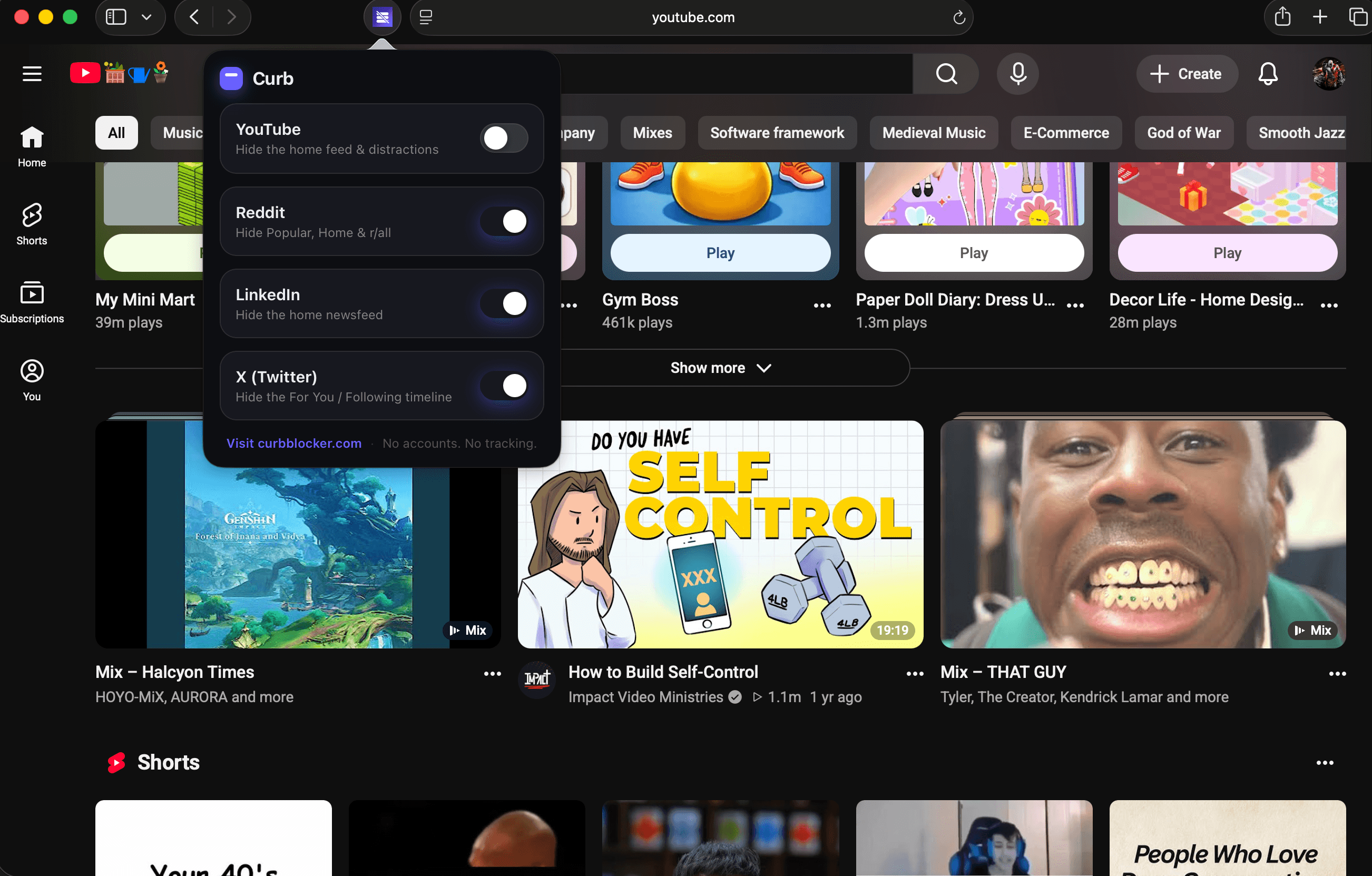 YouTube home feed visible with Curb off