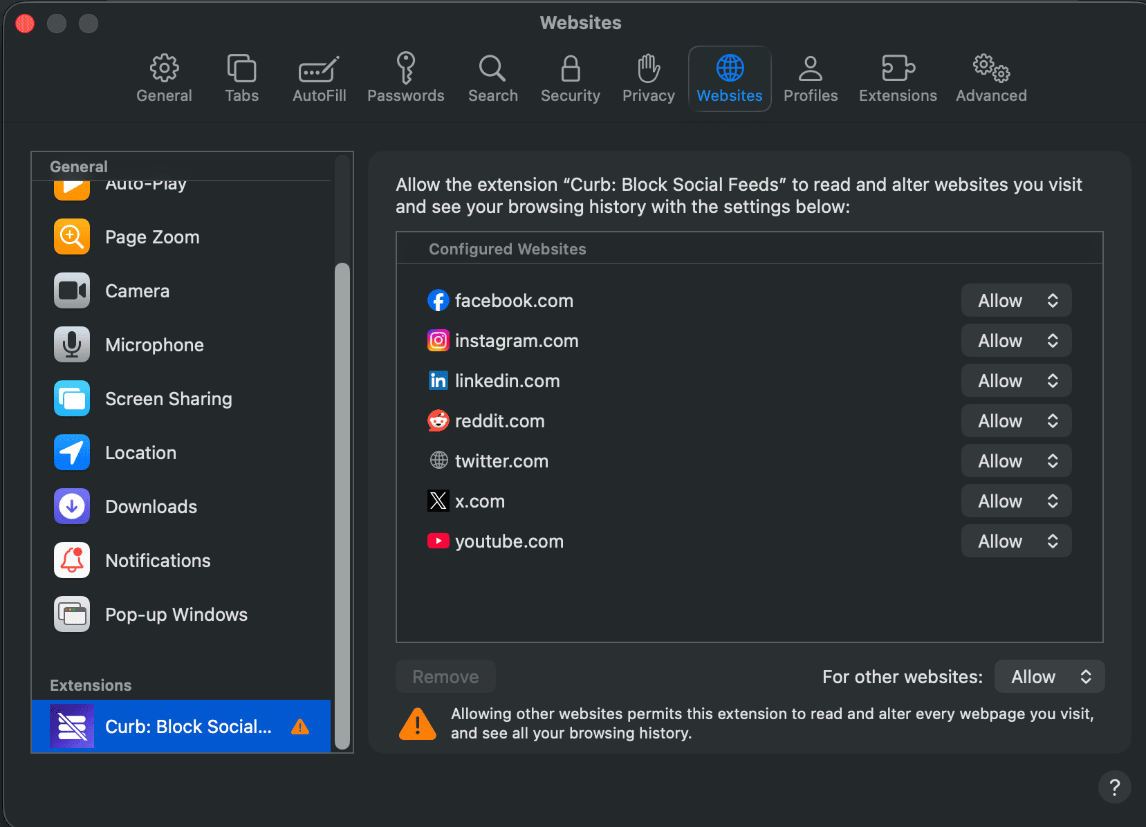 Safari website permissions set to Allow for Curb with Apple's standard warning visible
